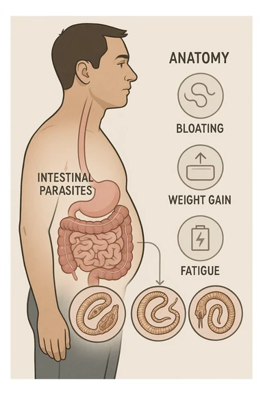 a man stands in profile, with a transparent overlay revealing his digestive tract. Inside his intestines, several enlarged, detailed representations of intestinal parasites are visible. Around the man, subtle arrows or icons indicate symptoms such as bloating, weight gain, and fatigue. The background is clinical and educational, with clear labels for anatomy and parasites. sticker