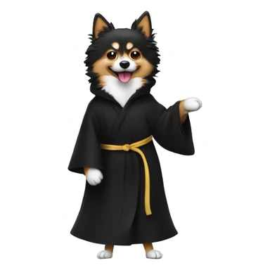 Spitz stands on its hind legs in heels and in a black robe  sticker