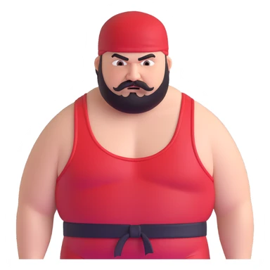 Close-up of extremely fat white skin guy with young face, beard and mustache, no muscle with prominent black durag, black eyes in a red and black wrestling singlet with angry face sticker