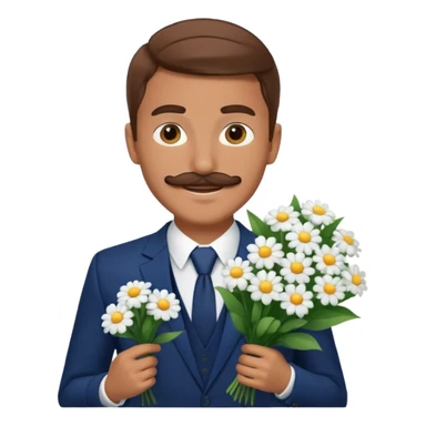 homme âgé 23 ans brun bronzé en costume bleu foncé souriant avec moustache portant un bouquet fleurs blanche  sticker