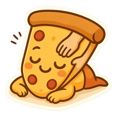whimsical emoji of a pizza slice receiving a relaxing massage, playful and fun sticker