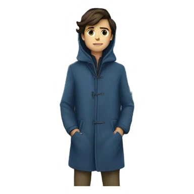 a full body brunette boy with his hands in the pockets of a long blue coat and a house behind him far away sticker