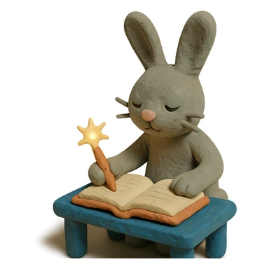 gray bunny writing in notebook with spark of light, claymation style sticker