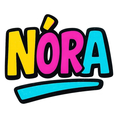 Nóra name in modern colorful gradient font with dark outline, dynamic slanted or partial underline, transparent background, in the style of reference patterns sticker