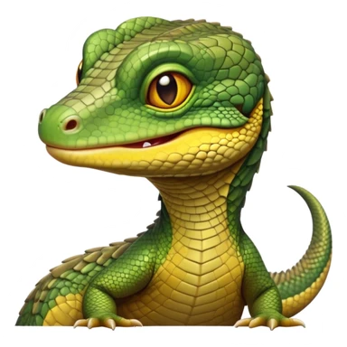 cinematic-realistic-cute-monitor-lizard-portrait-emoji,-head-tilted-playfully-and-inquisitively,-featuring-a-compact,-agile-body-with-finely-detailed,-glossy-scales-in-earthy-olive-hues-and-a-distinct,-alert-face-with-bright,-curious-eyes, yellow and green multi coloured  scales sticker