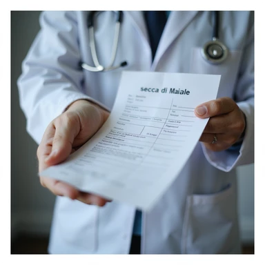hyperrealistic 4K close-up of a doctor handing a prescription to a patient, hands in focus, with the text 'Tiroide secca di maiale' visible on the paper, clinical office environment sticker
