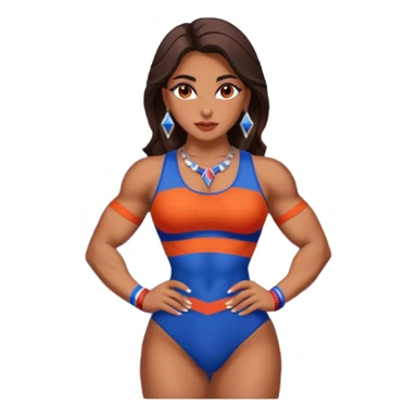 sexy and muscled, full body, brown skin Armenian caucasian girl, sexy Armenian girl, beautiful eyes, makeup, earrings, muscled, surrounded by mountains, red, blue and orange stripes, mountains around sticker