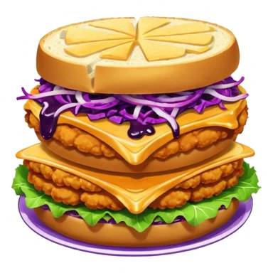 Burning hot, spicy,  stacked chicken sandwich — two thick golden toast slices, a crispy breaded chicken fillet, green lettuce, and purple cabbage slaw, with glossy dark sauce dripping down the sides. sticker
