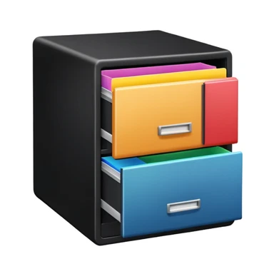 black filing cabinet with open bottom drawer with colorful folders sticker