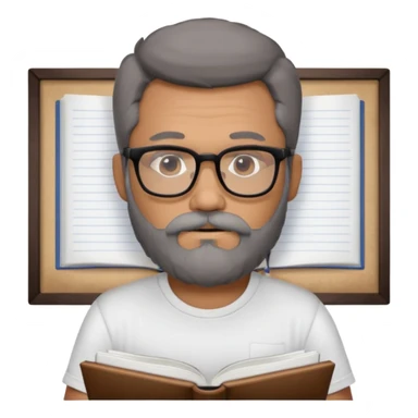 A man with a large gray beard, dark hair, wearing a t-shirt and glasses, studying. sticker