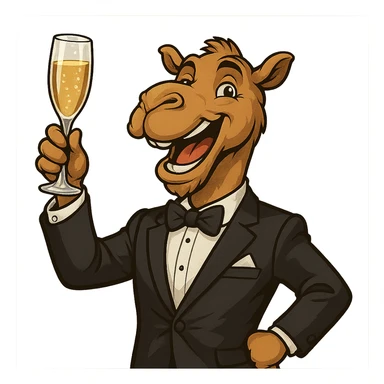 a camel in formal attire, toasting with champagne, cheerful expression, celebratory mood sticker
