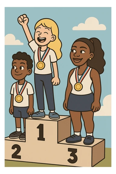 winners podium girl yellow hair Olympic Gold Medal a boy brown skin black Classic Curl hair Olympic Gold Medal Serena Williams Olympic Gold Medal  sticker