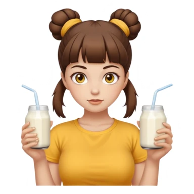 beautiful girl with brown hair with twin buns style, straight bangs, yellow eyes, milk brown tshirt, white skin, her body is a little fat  sticker