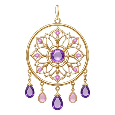 Epic beautiful gorgeous cute transparent gold suncatcher, threads with shiny sparkly amethyst and rose-quartz gemstones, flowers,  sticker