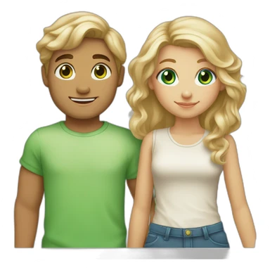 “blonde girl with tan skin and blue eyes” holding hands with “tan boy with long curly brown hair and green eyes” sticker