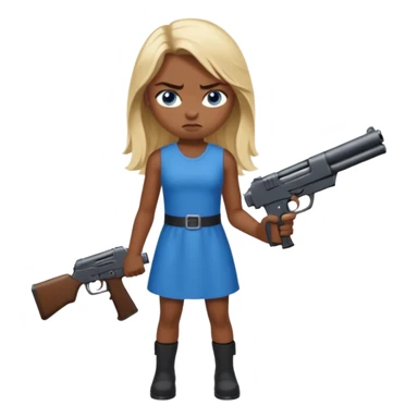Beautiful  blue eye blonde Long Hair Gangsta girl in a short Dress Looks angry  with a big gun sticker