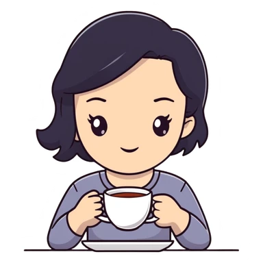 white girl with black hair, self care moment, holding a cup of tea, relaxed sticker