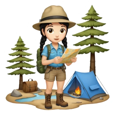 A braid black hair backpacking woman checking her map with curious eyes while walking wear camping hat and dirt covered boots full body sticker