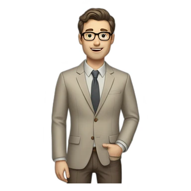 Full height Gesticulating Pale skinned fit man with dark brown hair in gray jacket, beige office shirt, brown tie, brown pants and vintage glasses. sticker