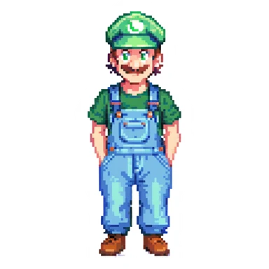 Luigi pixel art style, classic green hat and blue overalls, cheerful expression sticker