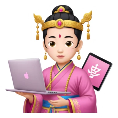 chinese god with laptop, pink sticker
