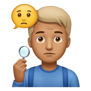 Realistic emoji-style man in simple everyday clothes, looking thoughtful and analytical. A thought bubble above his head shows a critical-thinking icon (question mark + magnifying glass). Soft lighting, expressive critical facial expression. sticker