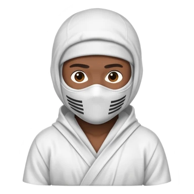 All white ninja robe with no black with white ski mask to cover face and neck with a hoodie on and dark brown skin color sticker