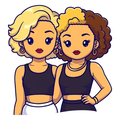 Two teenage girls together, one white with blonde hair and one brown-skinned with curly dark hair, both with heavy makeup, big lips, crop tops, gold jewelry and flashy choni style outfits sticker