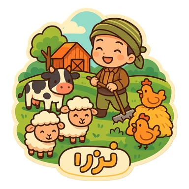 colorful chibi cartoon sticker of a Kurdish farm (مەزرا), a lush green place with several animals and a person working, cheerful style sticker