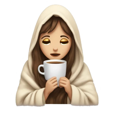 girl inside a blanket sipping coffee eyes closed white skin, brown hair and bangs sticker