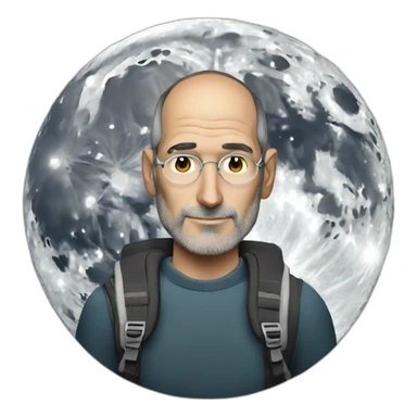 steve jobs with a backpack, in front of the Moon sticker