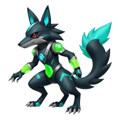 Black and green cyberpunk intricate neon glowing grey white futuristic cyborg-Lucario-Zeraora-Zoroark-Luxray-fusion (full body) sticker