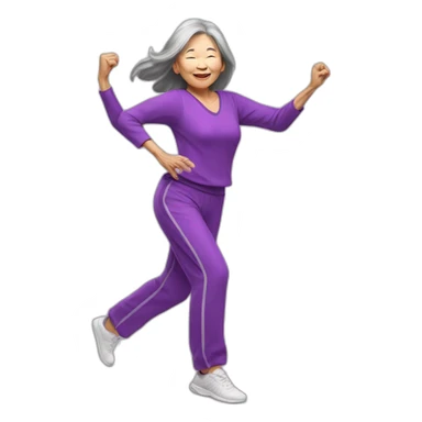 long hair Asian senior woman with bang in purple outfit dancing Zumba sticker