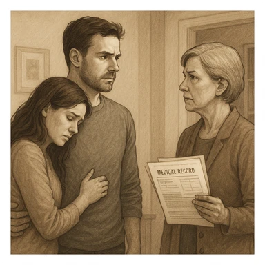 The couple standing together, the man facing his mother-in-law with a calm but firm expression, his wife leaning on him for support, medical documents visible, home interior. sticker