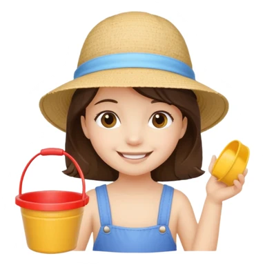 brunet kid girl with toy sand bucket wear sun hat sticker