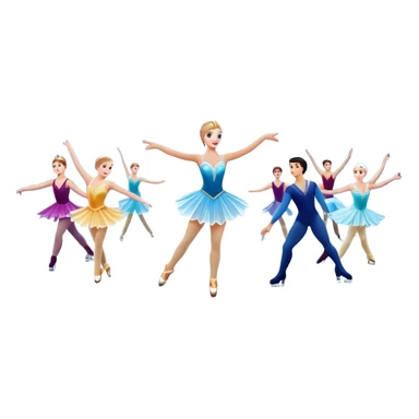 An icon of a theatrical ice show with close-up costumed figure skaters performing a dramatic scene on a glowing ice stage. Spotlights, colorful scenery, and a cheering audience in a grand arena convey the magic and artistry of the ice performance. Transparent background included. sticker