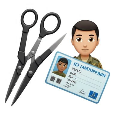 Floating black Scissors cutting in half an idf soldier ID card with a little chip in 2 parts sticker