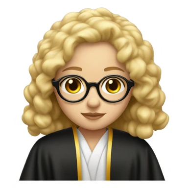 blonde girl, round eyeglasses, with judge's robe sticker