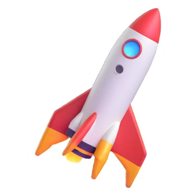 Space rocket, three-dimensional, in a cartoon style, on a white background, bright colors, with a perspective composition, high saturation, prominent details, floating effect, lively atmosphere sticker