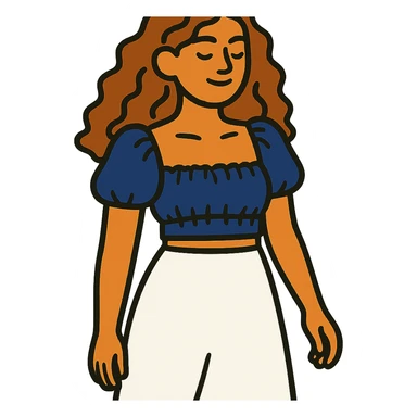 tan girl with wavy hair, white long skirt, navy blue ruched square neck crop top sticker