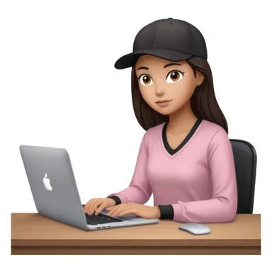 A professional 3D avatar of a young woman with olive skin and long, dark brown hair, wearing a dark, long-sleeved V-neck dusty pink shirt and a black baseball cap. She's sitting at a sleek wooden desk, typing and looking at a silver MacBook.  sticker