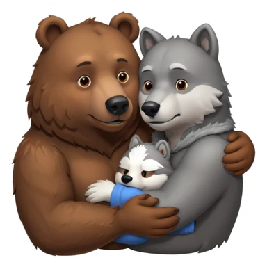 A beefy brown bear cuddling a grey wolf. Both of them are males and in love.  sticker