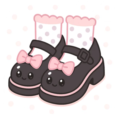 BLACKPINK-inspired gothic shoes, no hearts, black and pink, cute and stylish, kawaii style, mary jane shoes with bows, pastel polka dot socks sticker