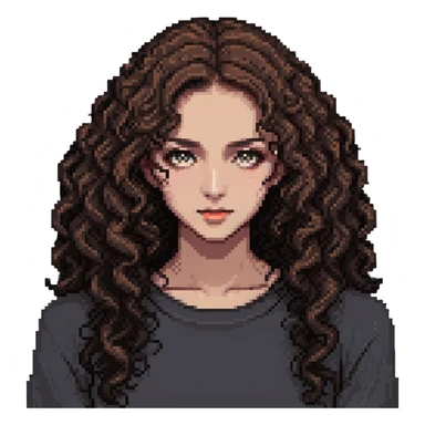 girl with longer curly hair parted on the side, dark eyes and light makeup sticker