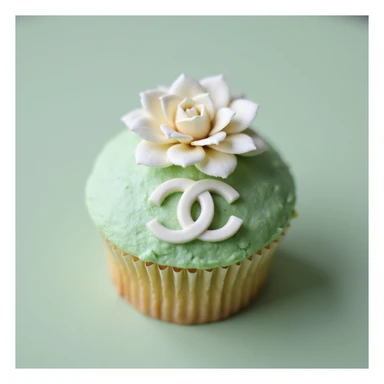 photorealistic pastel green Chanel cupcake with a white camellia flower and edible logo, no background sticker