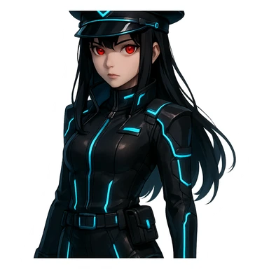 dark-haired, red-eyed girl in a cyberpunk-inspired officer uniform, futuristic, glowing accents, high-tech sticker
