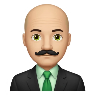 Bald guy with thick black mustache , green tie sticker