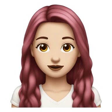 Long dark red middle part hair very Long lashes, white skin and pink lips, braces sticker