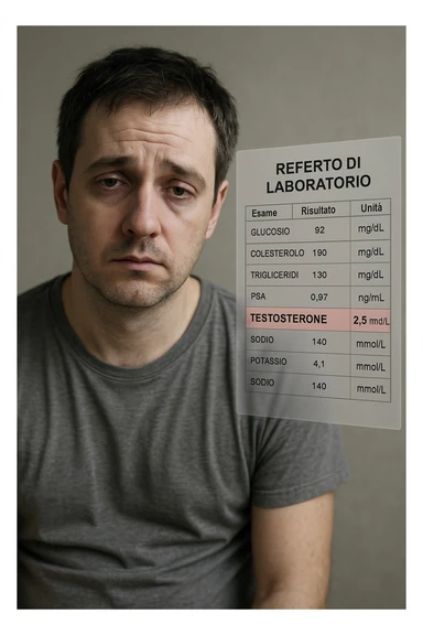 Un uomo caucasico di 35-45 anni, in CGI fotorealistico, che mostra i segni fisici ed emotivi di un basso livello di testosterone. aggiungere un referto medico semi-trasparente fluttuante accanto a lui, con valori di testosterone evidenziati in rosso. in italiano sticker