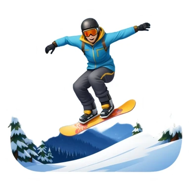 An icon showing a snowboarder performing an exciting jump on a snow-covered slope. The background features towering mountains, snow-covered trees, and a bright, clear sky. Transparent background highlights the speed, agility, and thrill of snowboarding. sticker